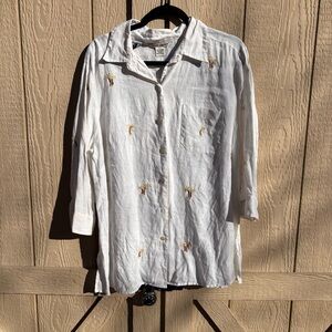 EDWARD Shirt Womens XL Irish Linen Button Up 3/4 Sleeve Blouse White